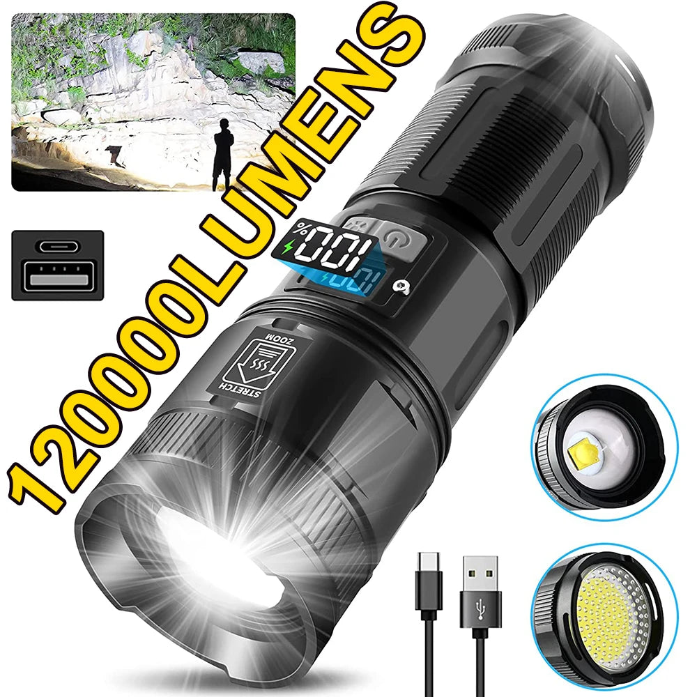 120000 Lumens Super Bright LED Flashlight Rechargeable