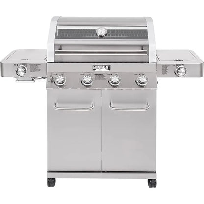 Monument Grills Larger 4-Burner Propane Gas Grills Stainless Steel Cabinet Style with Clearview® Lid, Knob Controls