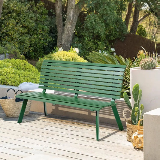 Outdoor Aluminum Garden Bench Patio Porch Chair Furniture Slatted Design w/Backrest Green 25"D x 59"W x 35"H